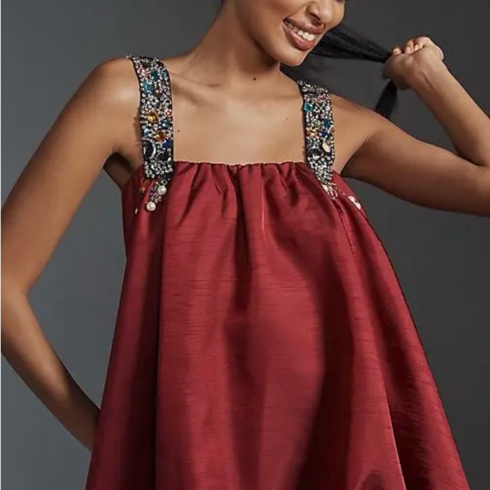 Embellished Strap Burgundy Satin Dress